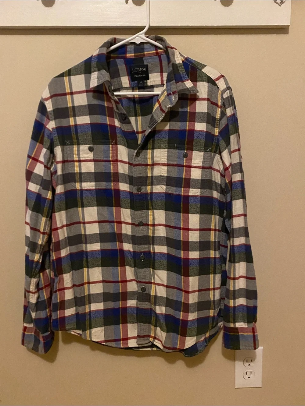 J. Crew Men's Plaid Button-Down Shirt in White, Blue & Green with Red Accents